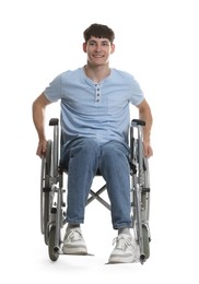 Photo of Happy young man in modern wheelchair on white background