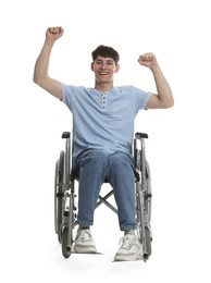 Photo of Happy young man in modern wheelchair on white background