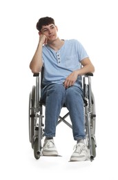 Photo of Happy young man in modern wheelchair on white background