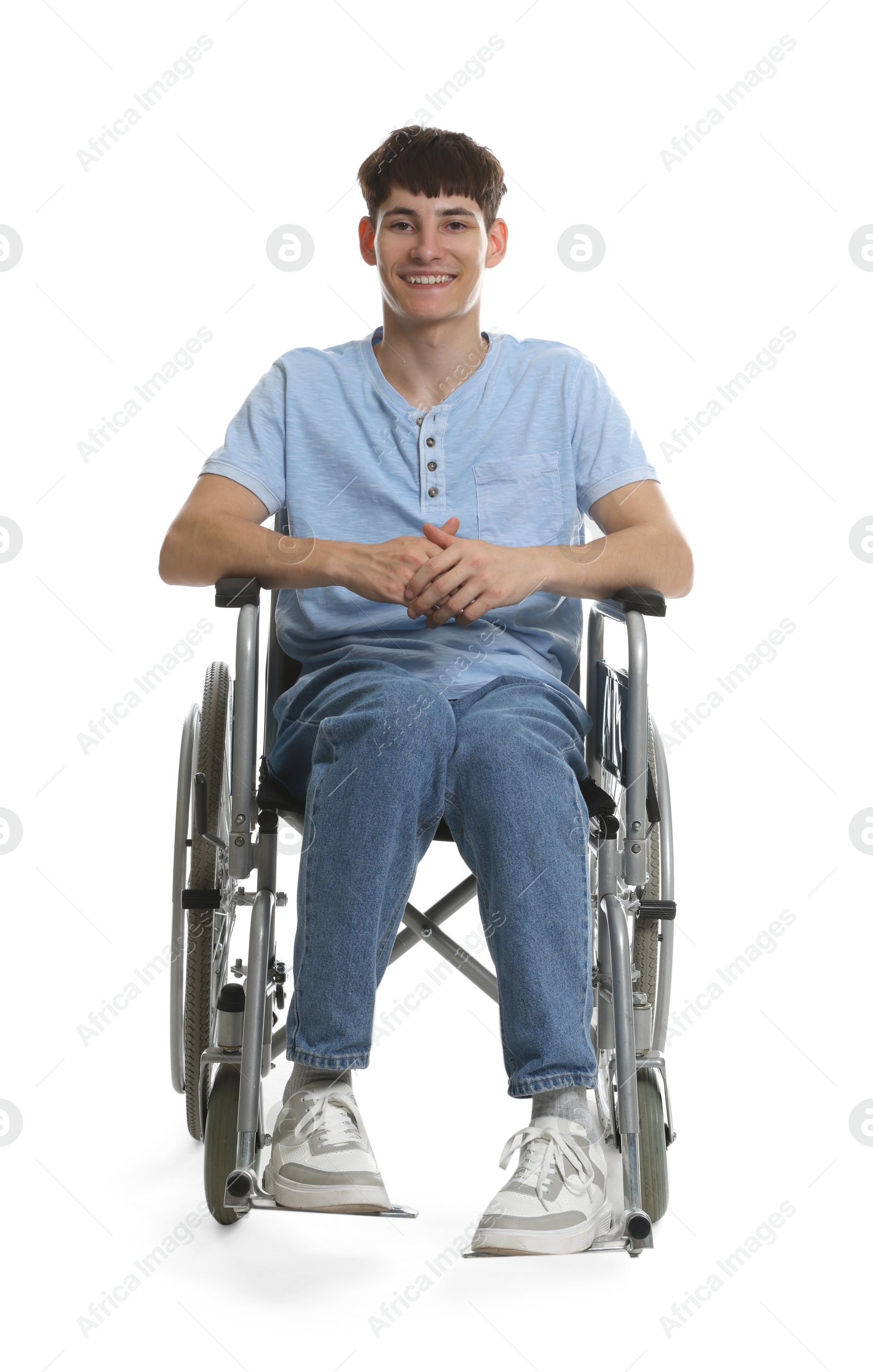 Photo of Happy young man in modern wheelchair on white background