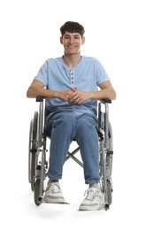 Photo of Happy young man in modern wheelchair on white background