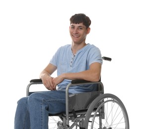 Photo of Happy young man in modern wheelchair on white background