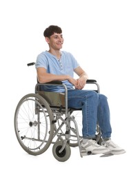 Photo of Happy young man in modern wheelchair on white background
