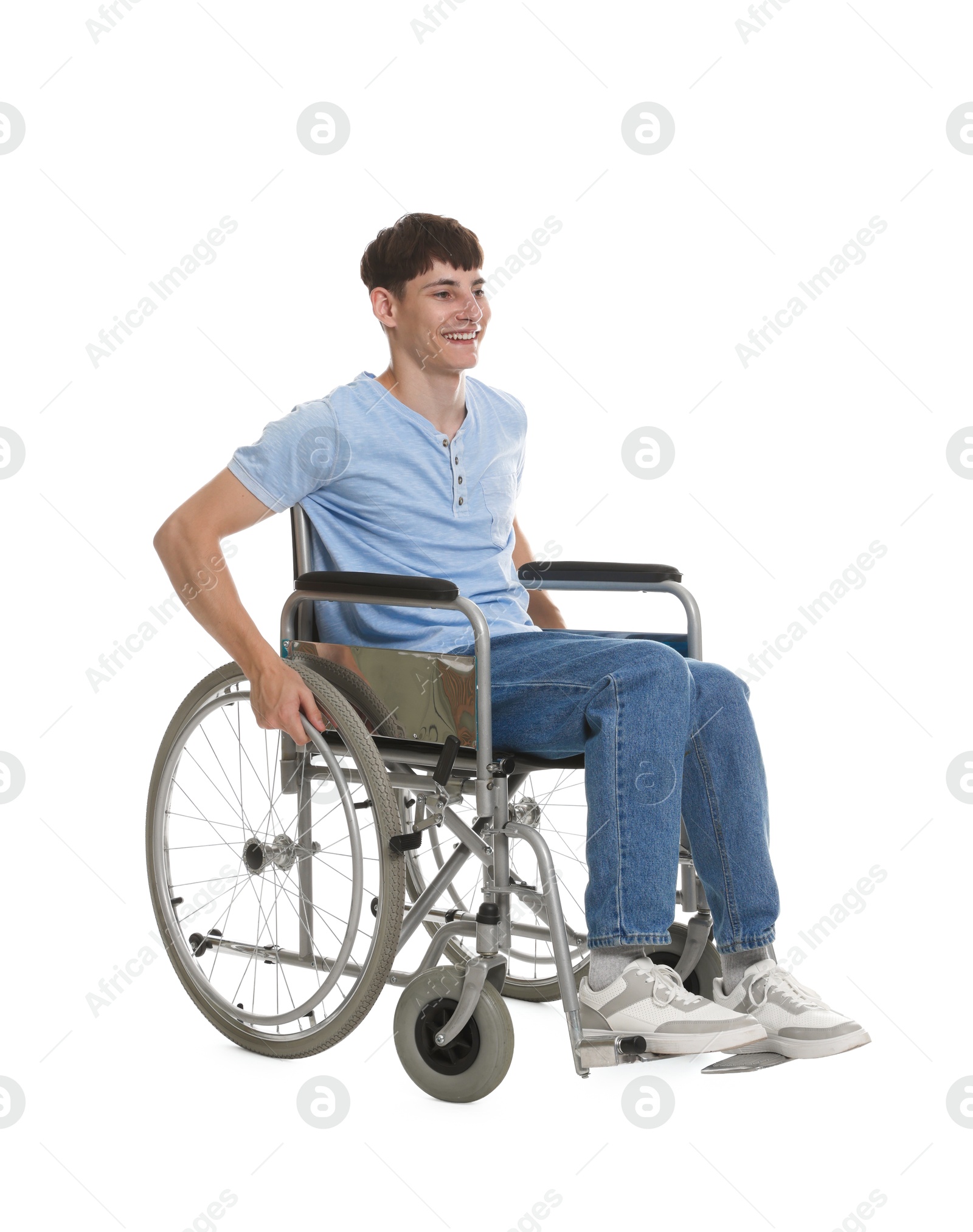 Photo of Happy young man in modern wheelchair on white background
