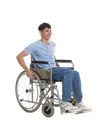 Photo of Happy young man in modern wheelchair on white background