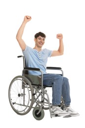 Photo of Happy young man in modern wheelchair on white background