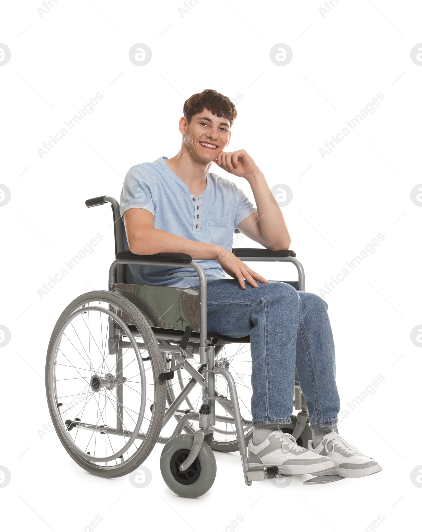 Photo of Happy young man in modern wheelchair on white background