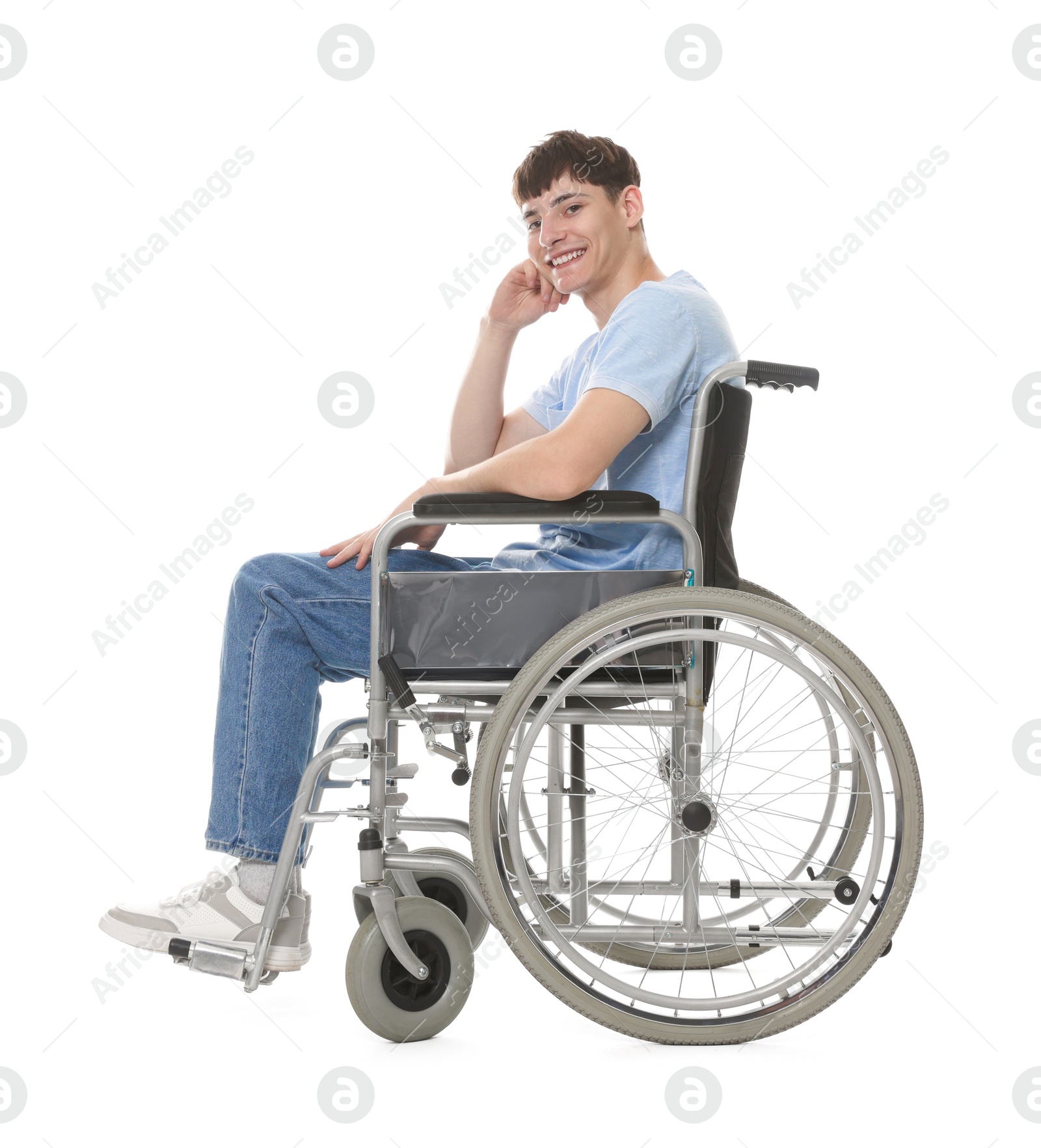 Photo of Happy young man in modern wheelchair on white background