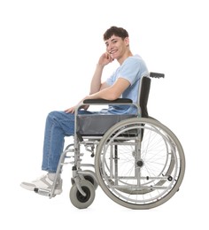 Photo of Happy young man in modern wheelchair on white background
