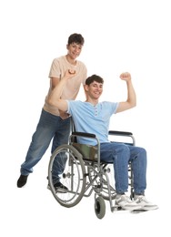 Photo of Happy young man in wheelchair and caregiver on white background