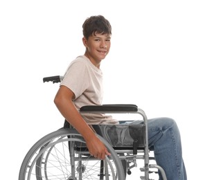 Photo of Happy teenage boy in modern wheelchair on white background