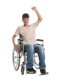 Photo of Happy teenage boy in modern wheelchair on white background