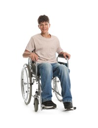 Photo of Happy teenage boy in modern wheelchair on white background