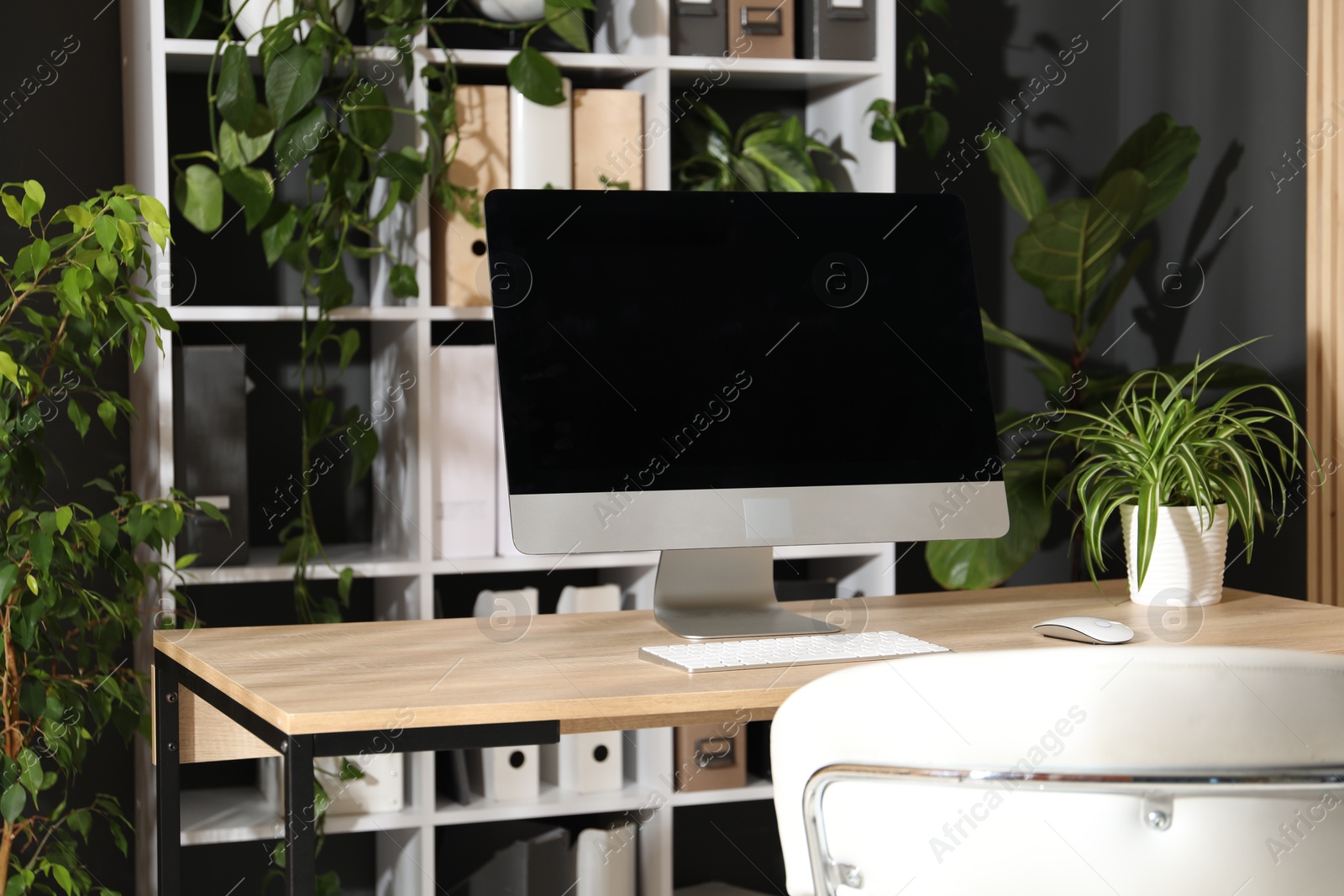 Stylish workplace with modern computer and floral decor in office. Biophilic interior design Photo of Stylish workplace with modern computer and floral decor in office. Biophilic interior design
