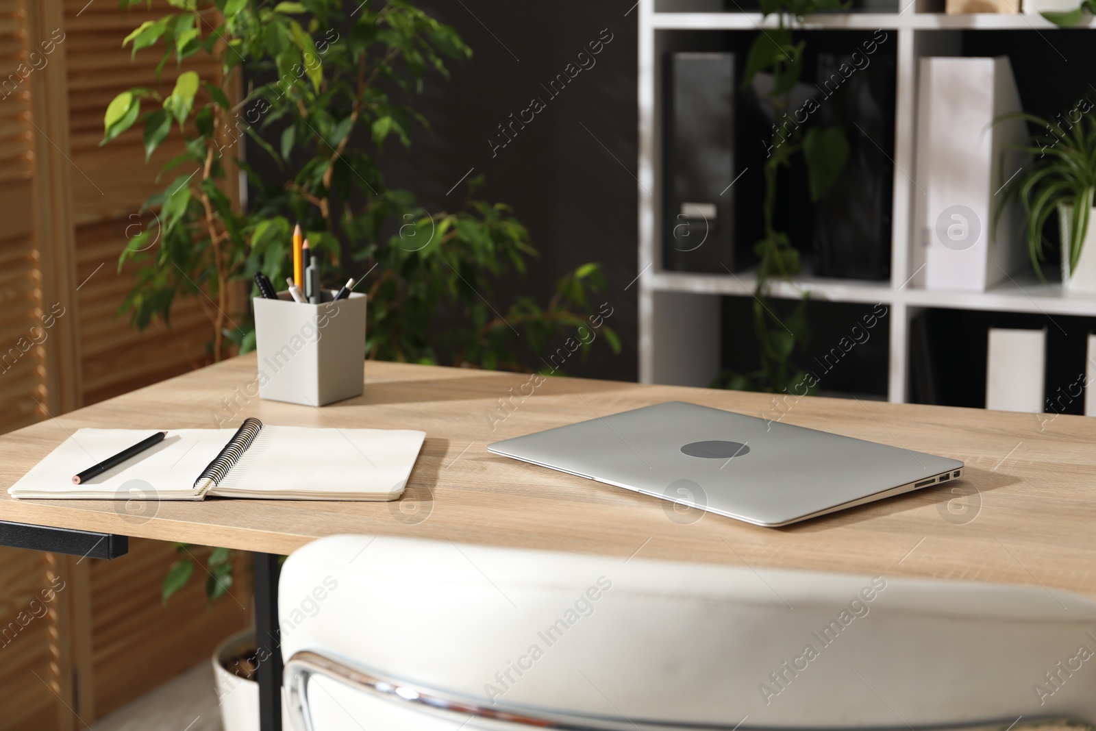 Stylish workplace with laptop, stationery and floral decor in office. Biophilic interior design Photo of Stylish workplace with laptop, stationery and floral decor in office. Biophilic interior design