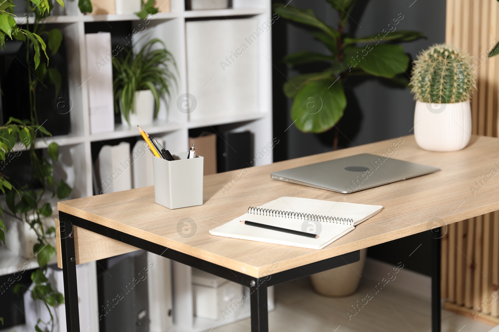 Stylish workplace with laptop, stationery and floral decor in office. Biophilic interior design Photo of Stylish workplace with laptop, stationery and floral decor in office. Biophilic interior design