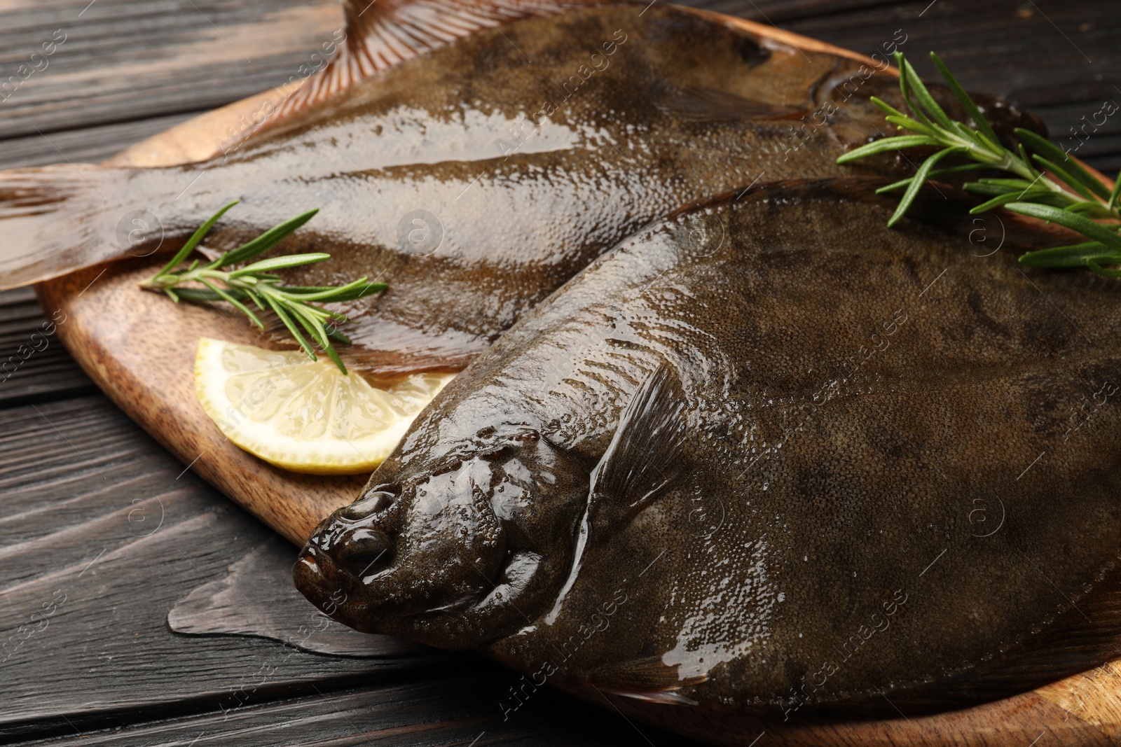 Fresh flounder fish, lemon and rosemary on wooden table, closeup. Raw seafood Photo of Fresh flounder fish, lemon and rosemary on wooden table, closeup. Raw seafood