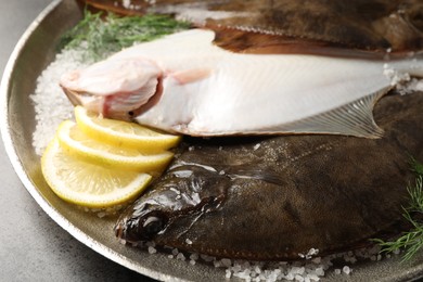Photo of Fresh flounder fish, salt, lemon and dill on grey textured table, closeup. Raw seafood