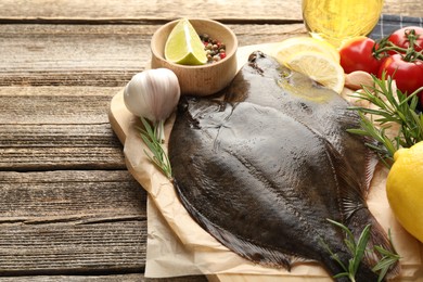 Photo of Fresh flounder fish, spices and products on wooden table, closeup. Raw seafood