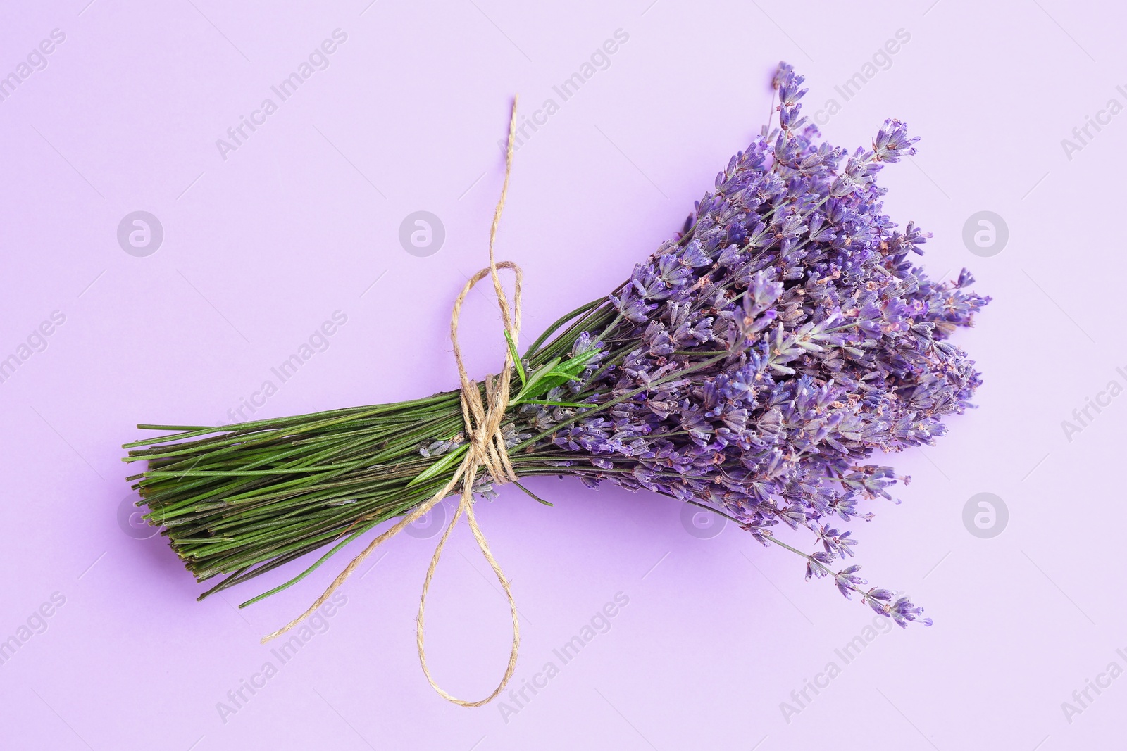 Bunch of beautiful lavender flowers on violet background, top view Photo of Bunch of beautiful lavender flowers on violet background, top view