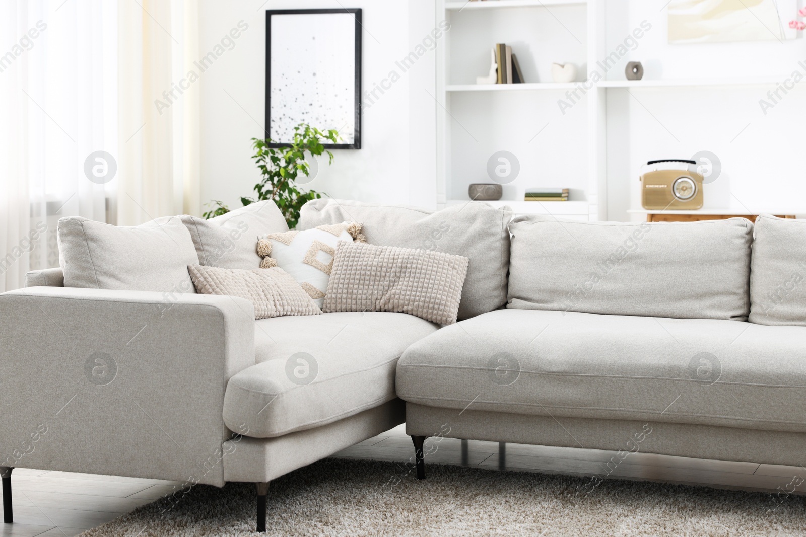 Photo of Soft sofa in light living room. Interior design