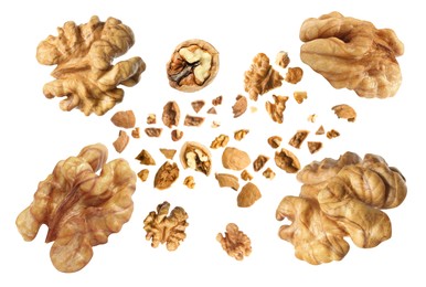 Image of Walnuts swirling in air against white background