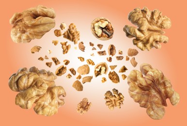 Image of Walnuts swirling in air against coral color background