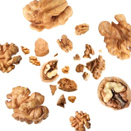 Image of Walnuts swirling in air against white background