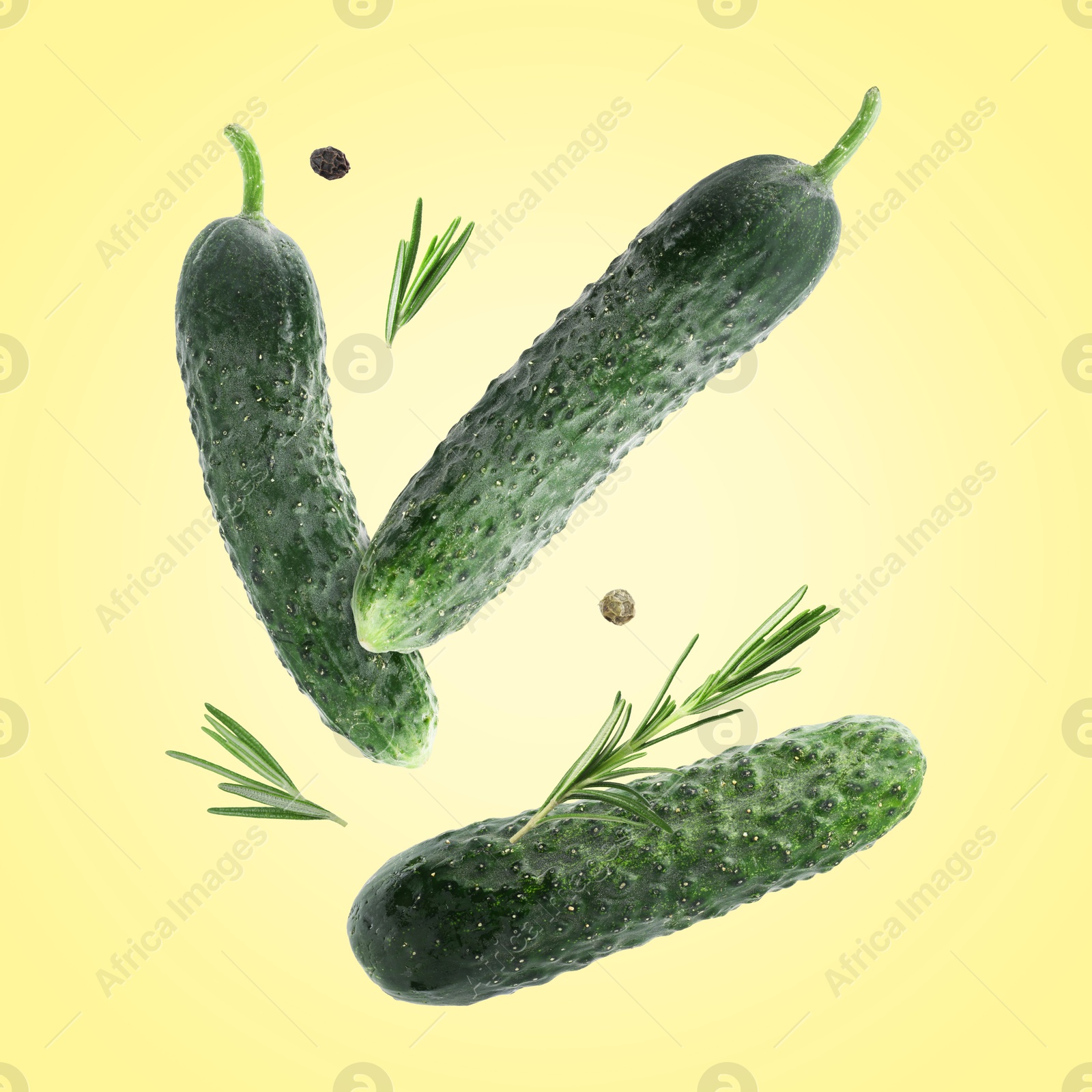 Image of Fresh cucumbers and rosemary falling against beige background