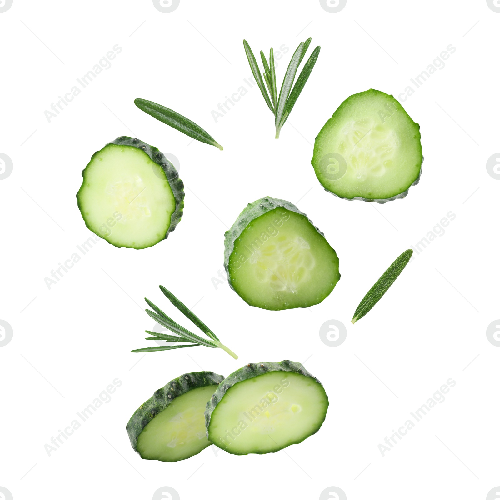 Image of Cucumber slices and rosemary flying against white background
