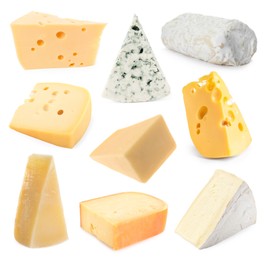 Image of Variety of cheeses isolated on white, set