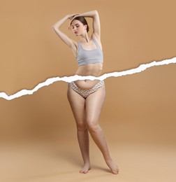 Image of Slim woman and torn photo of her previous oversize body shape. Collage on dark beige background. Liposuction, weight loss, healthy lifestyle