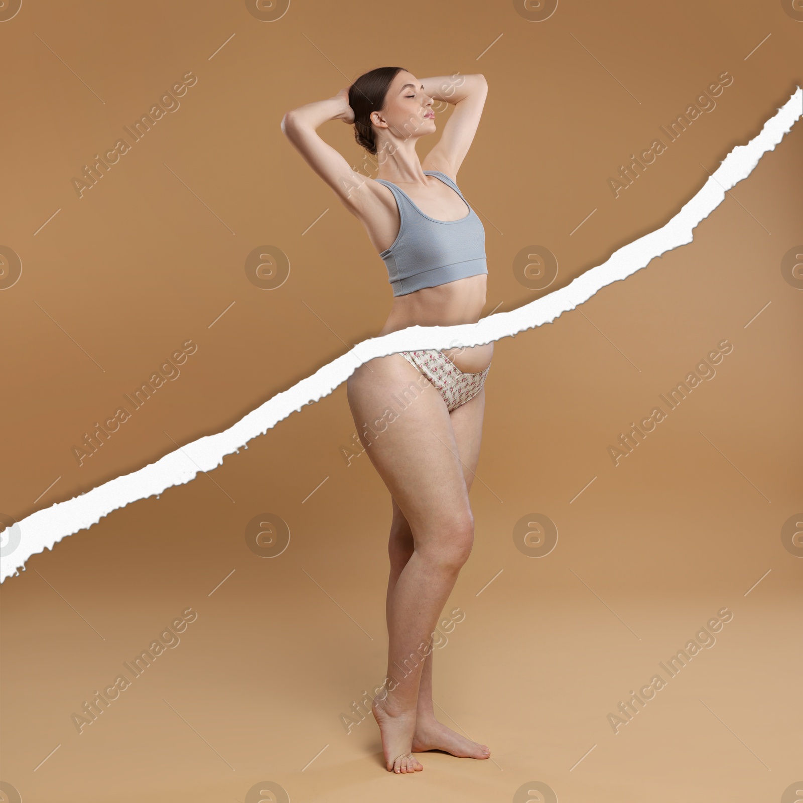 Slim woman and torn photo of her previous oversize body shape. Collage on dark beige background. Liposuction, weight loss, healthy lifestyle Image of Slim woman and torn photo of her previous oversize body shape. Collage on dark beige background. Liposuction, weight loss, healthy lifestyle