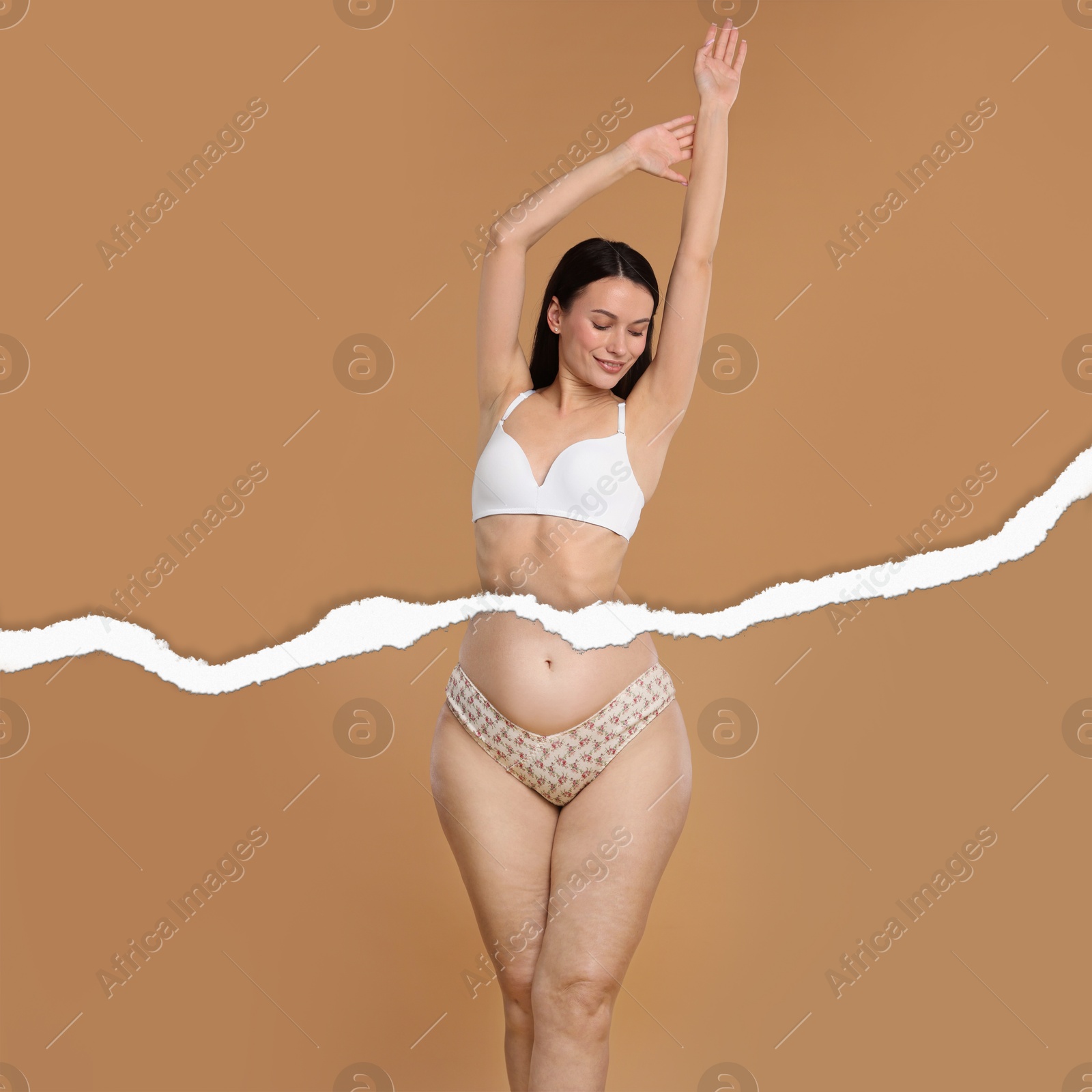 Slim woman and torn photo of her previous oversize body shape. Collage on dark beige background. Liposuction, weight loss, healthy lifestyle Image of Slim woman and torn photo of her previous oversize body shape. Collage on dark beige background. Liposuction, weight loss, healthy lifestyle