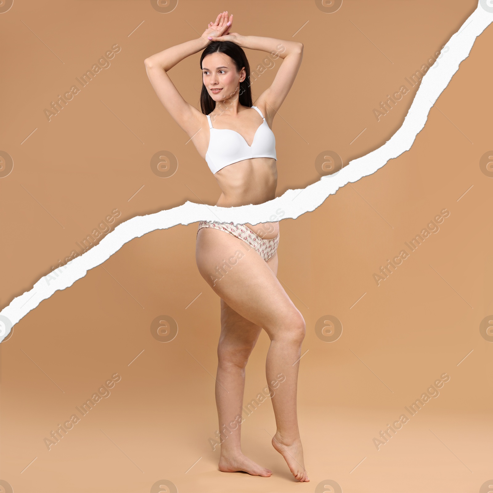 Slim woman and torn photo of her previous oversize body shape. Collage on dark beige background. Liposuction, weight loss, healthy lifestyle Image of Slim woman and torn photo of her previous oversize body shape. Collage on dark beige background. Liposuction, weight loss, healthy lifestyle