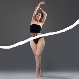 Image of Slim woman and torn photo of her previous oversize body shape. Collage on grey background. Liposuction, weight loss, healthy lifestyle