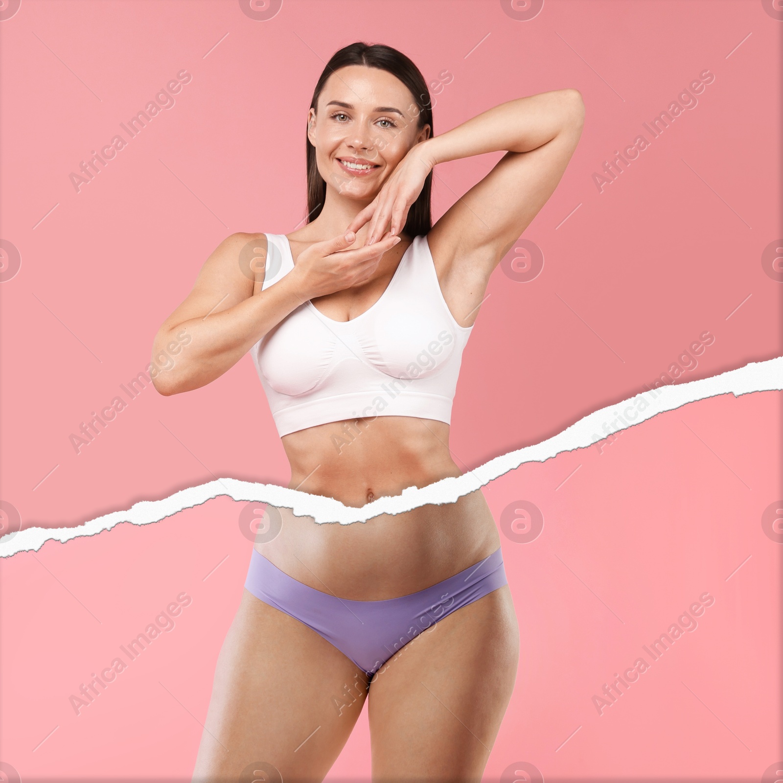 Slim woman and torn photo of her previous oversize body shape. Collage on pink background. Liposuction, weight loss, healthy lifestyle Image of Slim woman and torn photo of her previous oversize body shape. Collage on pink background. Liposuction, weight loss, healthy lifestyle