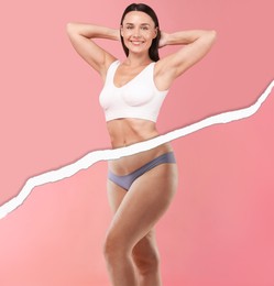 Image of Slim woman and torn photo of her previous oversize body shape. Collage on pink background. Liposuction, weight loss, healthy lifestyle