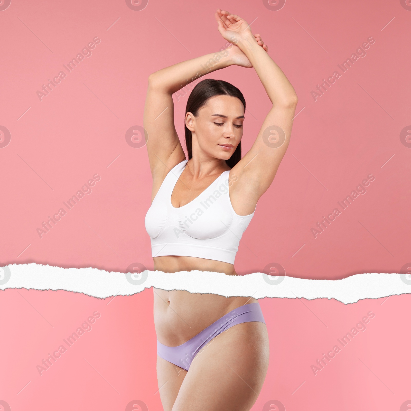 Image of Slim woman and torn photo of her previous oversize body shape. Collage on pink background. Liposuction, weight loss, healthy lifestyle