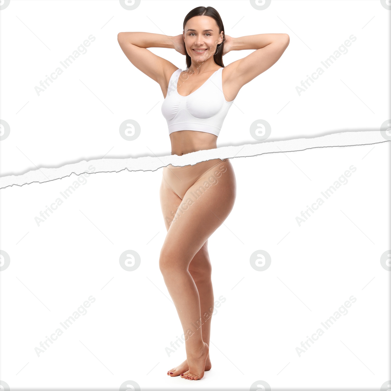 Image of Slim woman and torn photo of her previous oversize body shape. Collage on white background. Liposuction, weight loss, healthy lifestyle