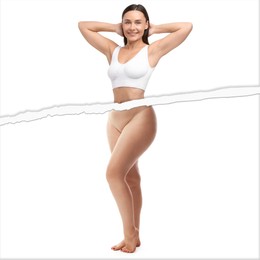 Image of Slim woman and torn photo of her previous oversize body shape. Collage on white background. Liposuction, weight loss, healthy lifestyle