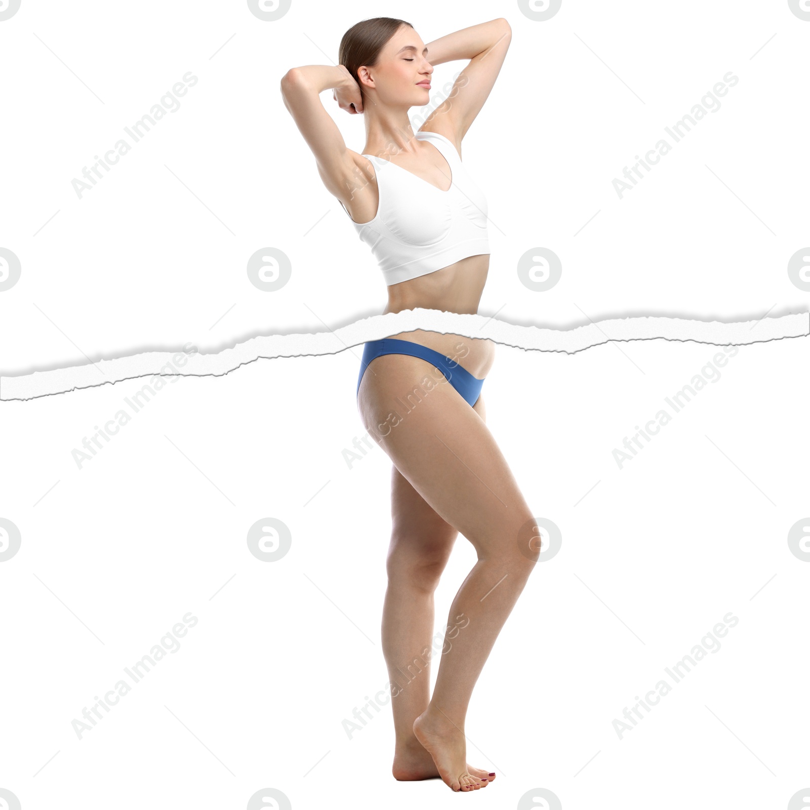 Slim woman and torn photo of her previous oversize body shape. Collage on white background. Liposuction, weight loss, healthy lifestyle Image of Slim woman and torn photo of her previous oversize body shape. Collage on white background. Liposuction, weight loss, healthy lifestyle