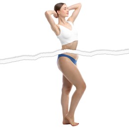 Image of Slim woman and torn photo of her previous oversize body shape. Collage on white background. Liposuction, weight loss, healthy lifestyle