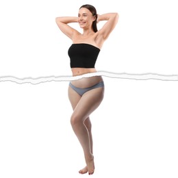 Image of Slim woman and torn photo of her previous oversize body shape. Collage on white background. Liposuction, weight loss, healthy lifestyle