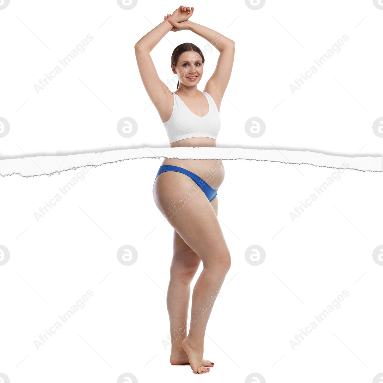 Image of Slim woman and torn photo of her previous oversize body shape. Collage on white background. Liposuction, weight loss, healthy lifestyle