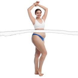 Image of Slim woman and torn photo of her previous oversize body shape. Collage on white background. Liposuction, weight loss, healthy lifestyle