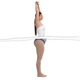 Image of Slim woman and torn photo of her previous oversize body shape. Collage on white background. Liposuction, weight loss, healthy lifestyle
