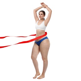 Image of Woman showing her body on white background, before and after. Collage divided by red ribbon demonstrating result of liposuction or weight loss
