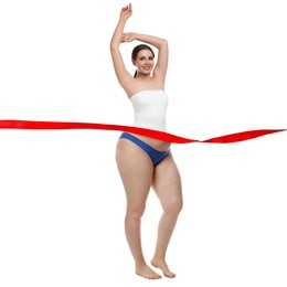 Image of Woman showing her body on white background, before and after. Collage divided by red ribbon demonstrating result of liposuction or weight loss