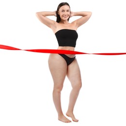 Image of Woman showing her body on white background, before and after. Collage divided by red ribbon demonstrating result of liposuction or weight loss